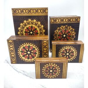 Polish Carved Nesting Boxes Set Of 5 Hand Painted Floral Design EUC